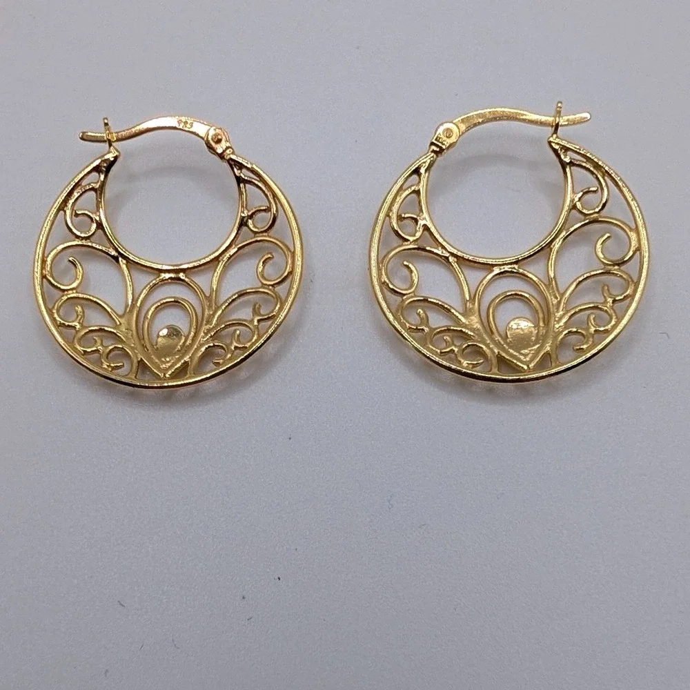 925 Sterling Silver Gold Vermeil‎ Filigree Scroll Hoop Earrings Round Boho 3.36g